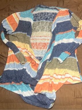 Striped Open Front Cardigan in Blue, Orange, Tan